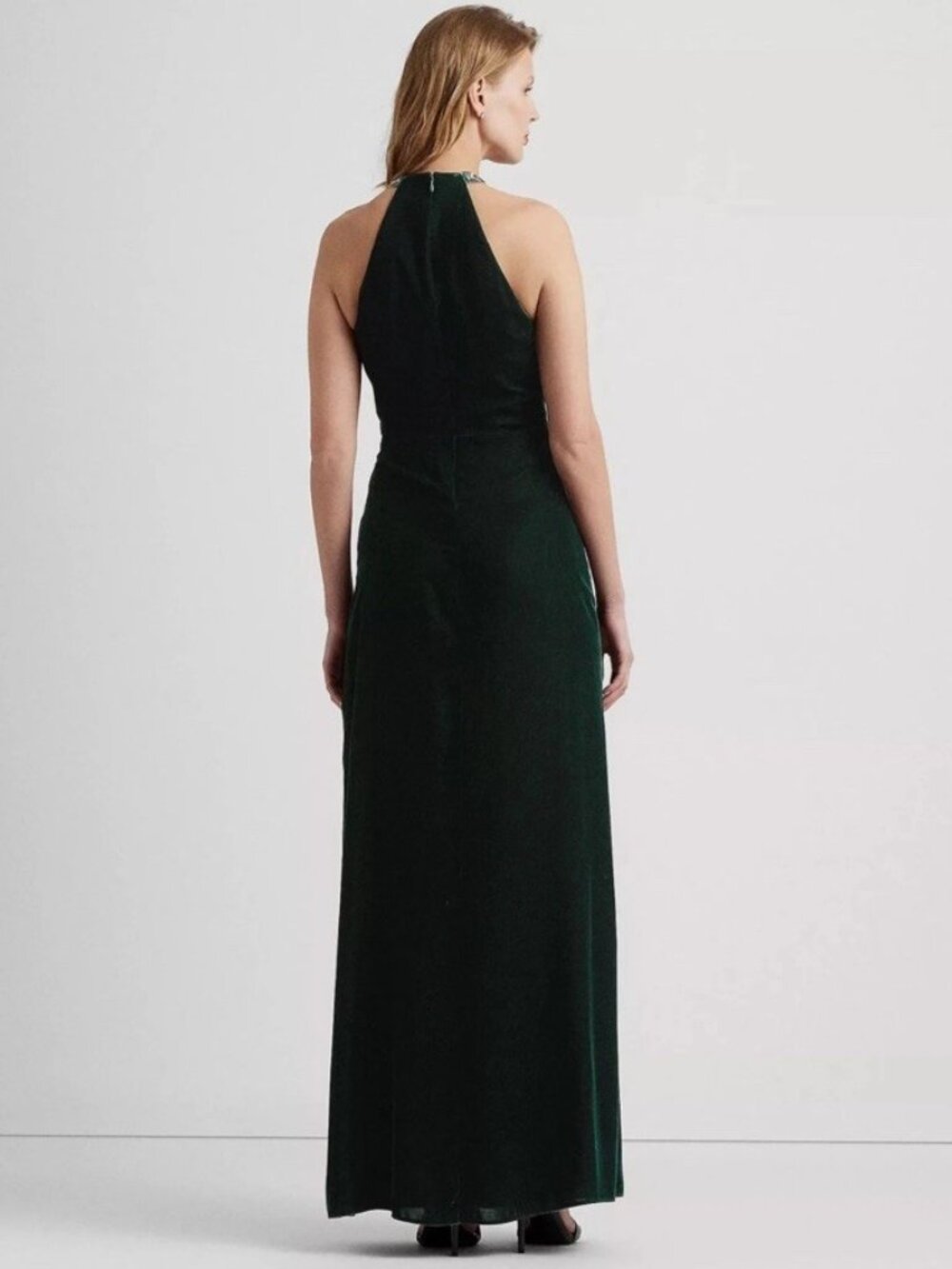 Lauren Ralph Lauren Women Size 14 Green Sleeveless Velvet Beaded Halter Gown NWT - Picture 4 of 14